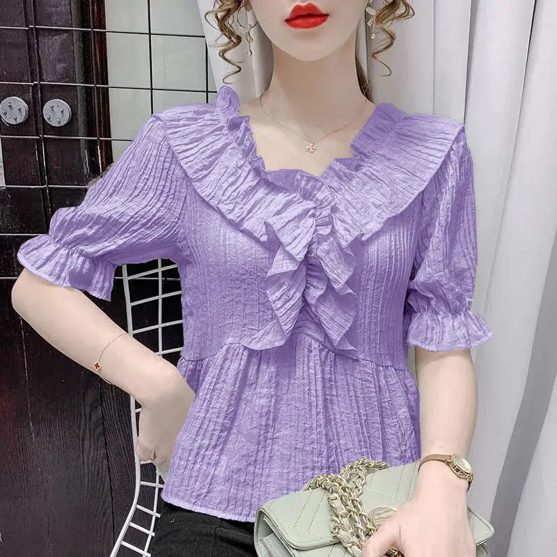 Women Summer Simplicity Loose Pleated Solid Color V-neck Short Sleeve Chiffon Shirt Women Clothes Casual All-match Trend Tops