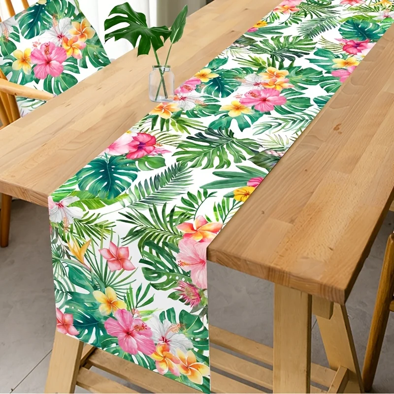 VIKAMA Summer Hawaii Floral Palm Table Runner Polyester for Kitchen Dining Hawaii Party