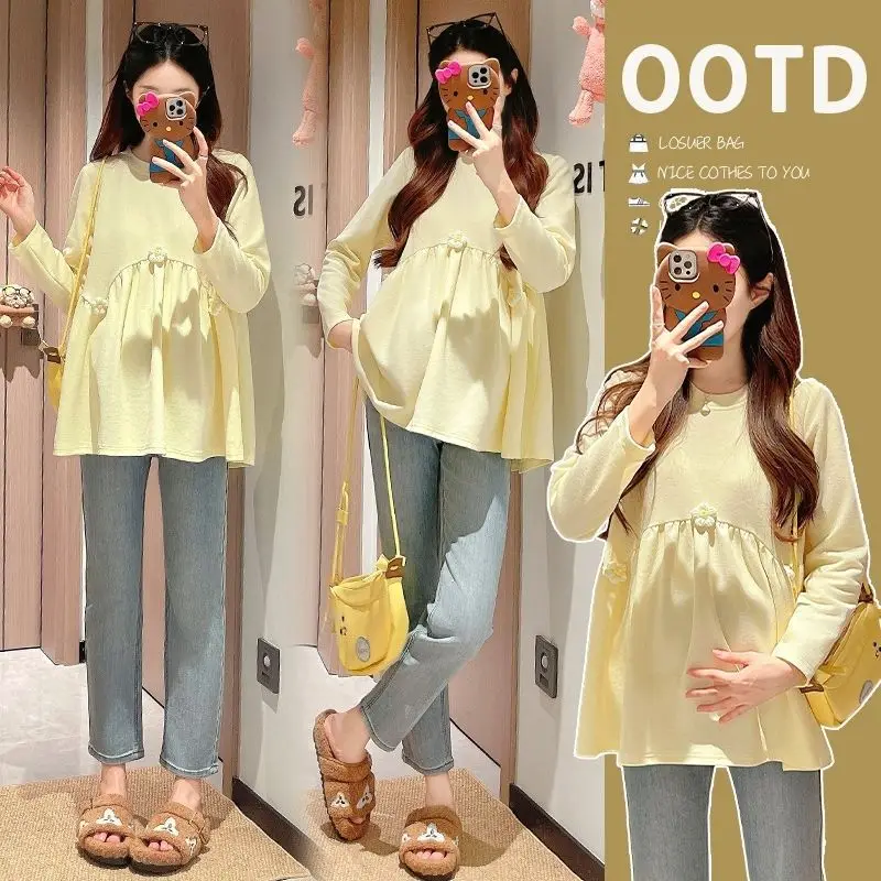 2026 New Maternity Blouse, Embroidered Loose Babydoll Top Long Sleeve Pregnancy Shirt Casual Layering Sweatshirt Pregnant Women,