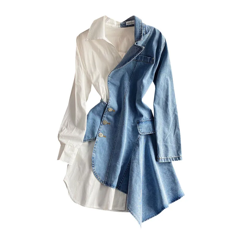 Irregular Denim Patchwork Dress 2024 Autumn New Fashion Long Sleeved Single Breasted Shirt Dress   Turndown Collar M