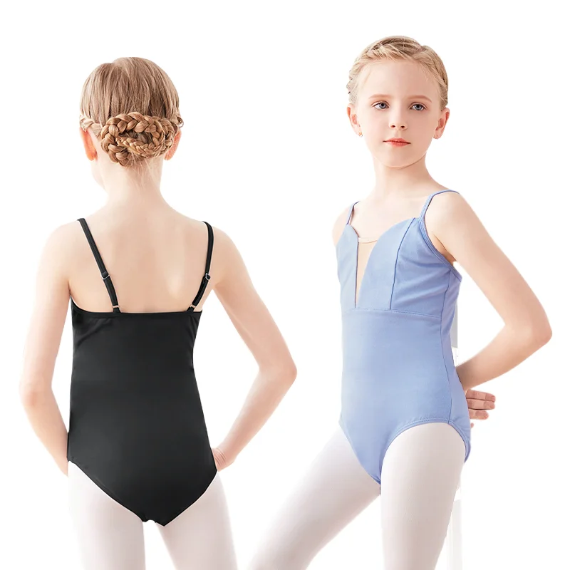 Camisole Dance Leotards for Girls Cotton Spaghetti Adjustable Straps Ballet Costumes Classical Mesh V Neck 2 Layers Chest Front