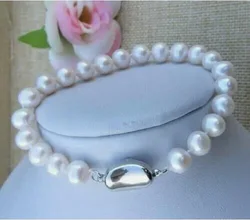 Elegant AAAA 9-10mm Natural Akoya Round White Pearl Bracelet 7.5-8 inches 925S