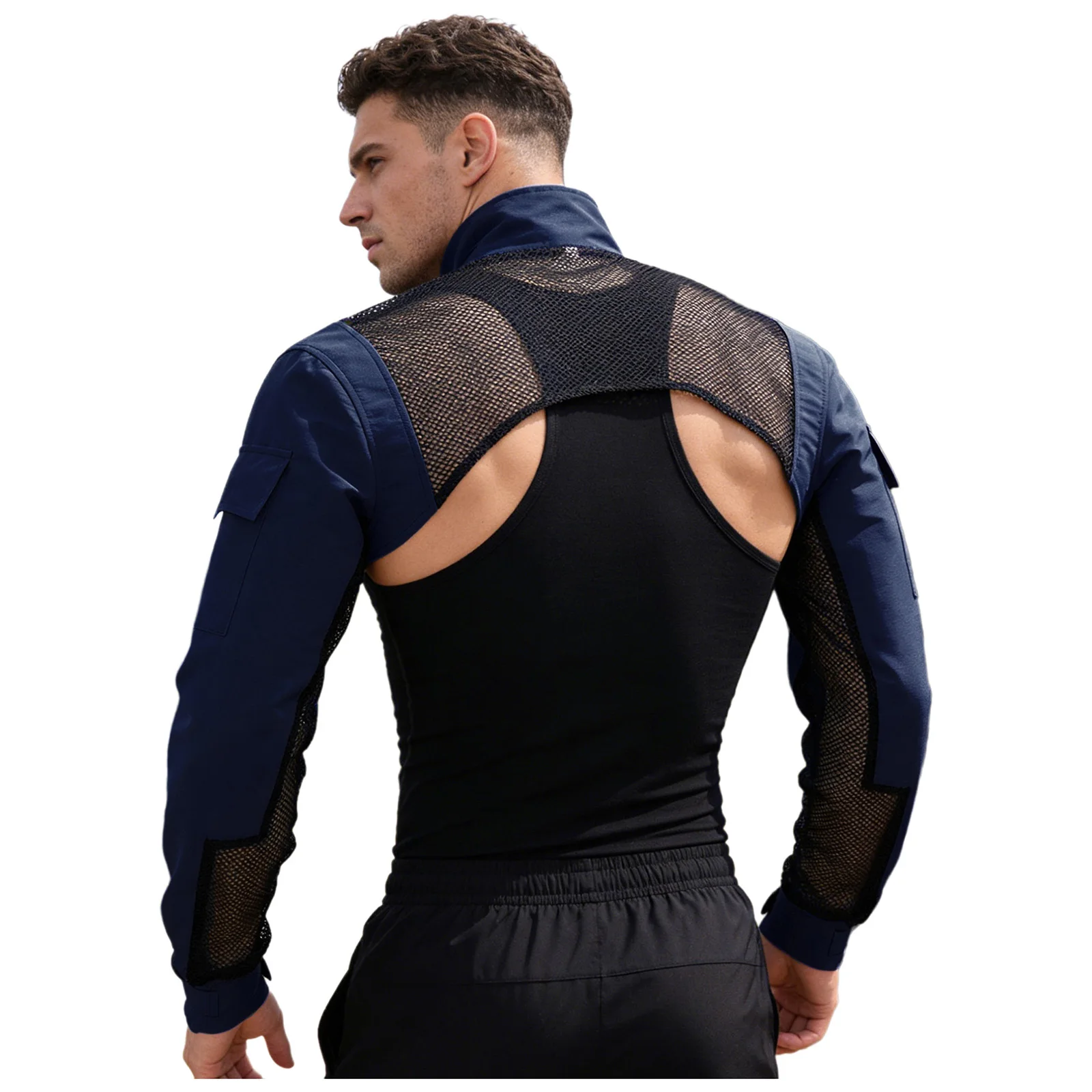 

Mens Combat Shrugs Shoulder Armor Stand Collar Mesh Patchwork Long Sleeves with Pockets T-shirt Crop Top for Outdoor Activities