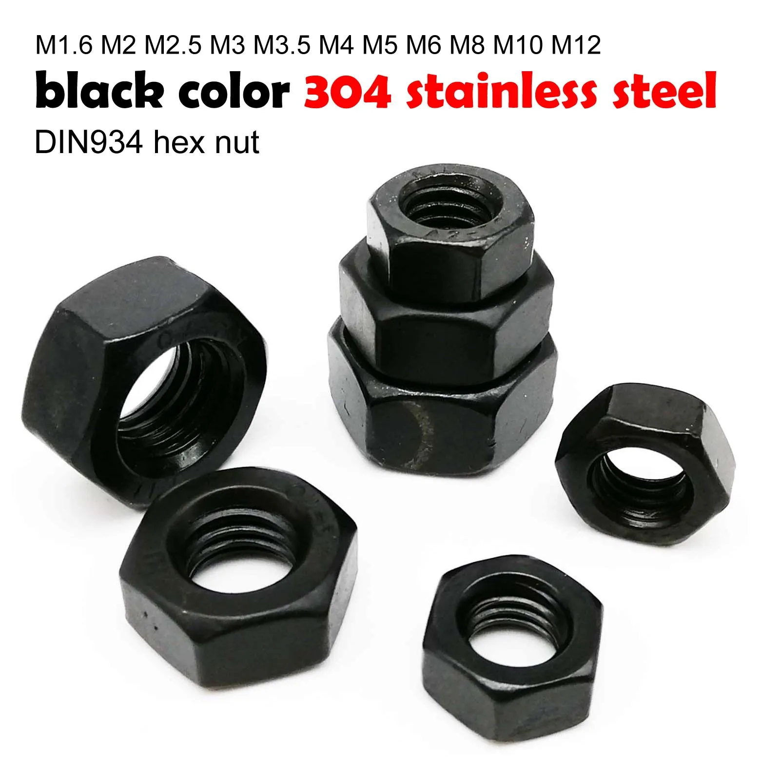 HZYUEGOU M1.6 M2 M2.5 M3 M3.5 M4 M5 M6 M8 M10 M12 DIN934 Schwarz Beschichtete 304 A2-70 Edelstahl Sechskantmutter Hochwertige Sechskantmutter – Detail 2