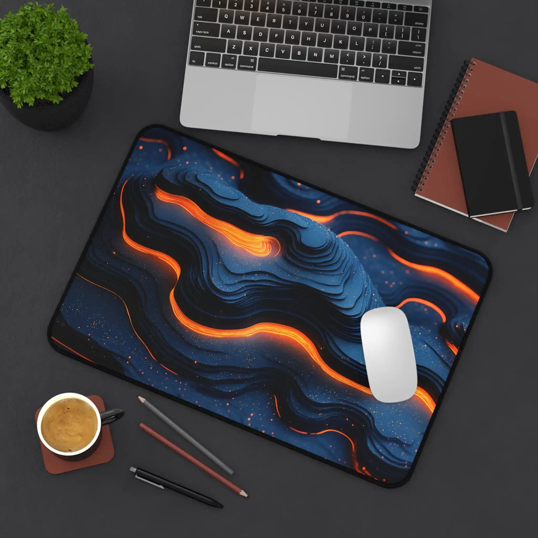 3D Abstract Wave Office Mat Orange Blue Topographic Gaming Mouse Pad Large Modern Style Desk Pad Layers Digital Art XXL