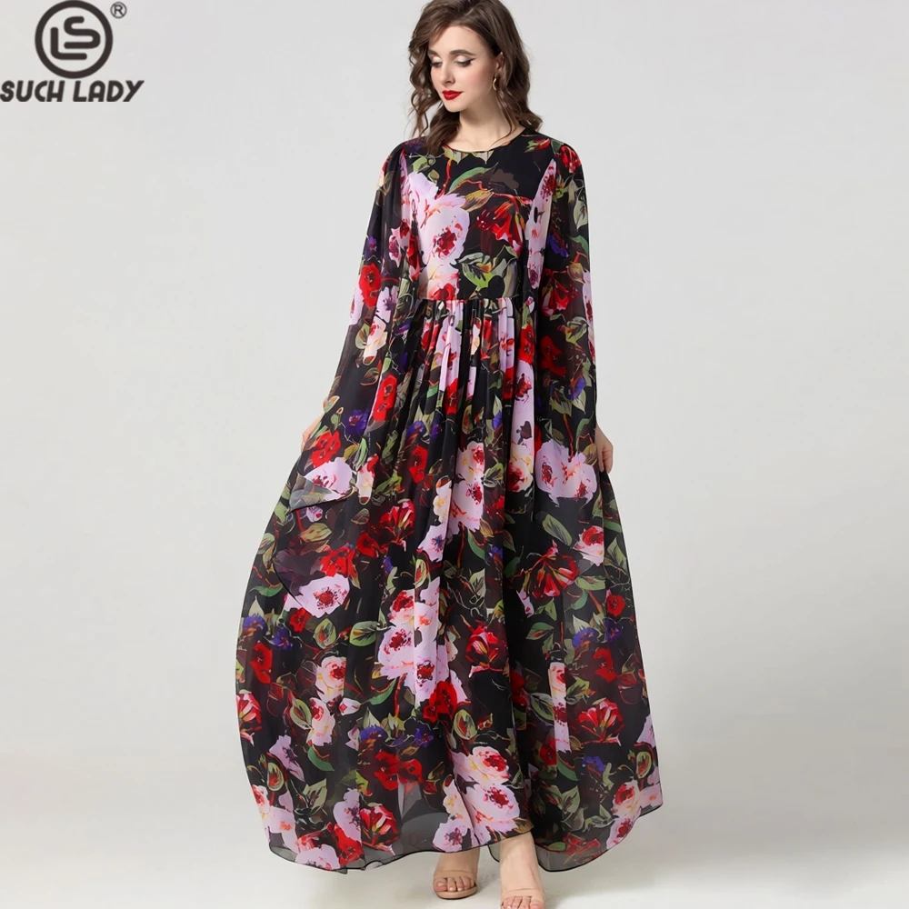 

Women's Black Background Multi-color Floral Print Long Sleeve Maxi Dress, Flowy Chiffon Elastic Waist Full Length Vestidos