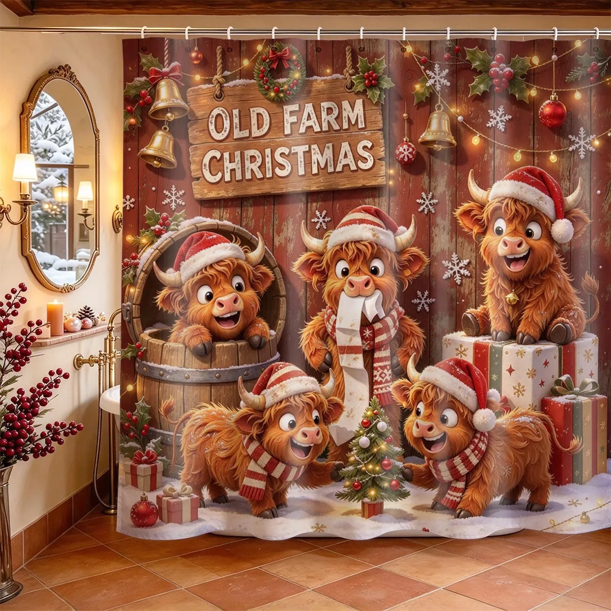 Merry Christmas Shower Curtain Pink Santa Claus Highland Cattle Red Bow Print Curtain Waterproof Durable for Bathroom Home Decor