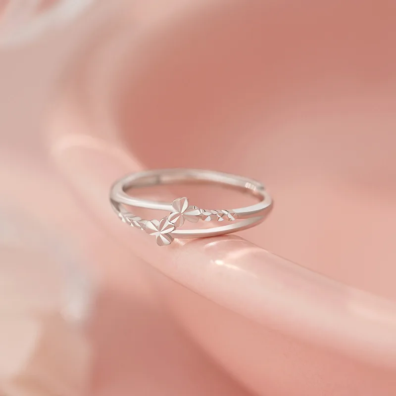Women Double Layer Three Leaf Flower Adjustable Open Rings Forest Style Daily Finger Jewelry