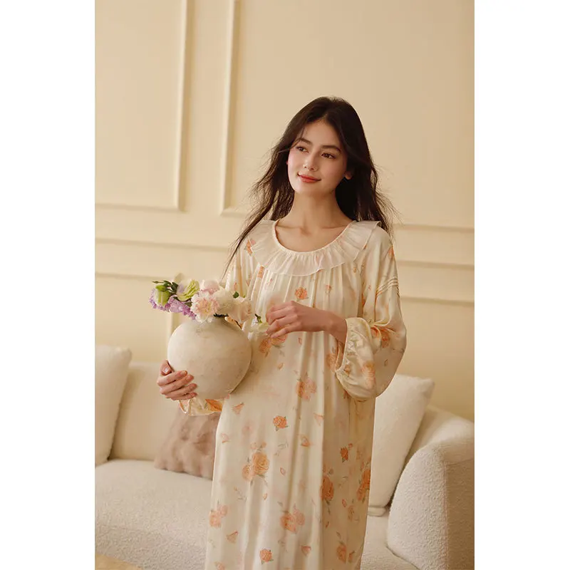 Summer Loose Design Round Neck Nightdress Sweet Printed Full Sleeves Nightwear 100% Viscose Soft Long Style Mid-Calf Nightgowns