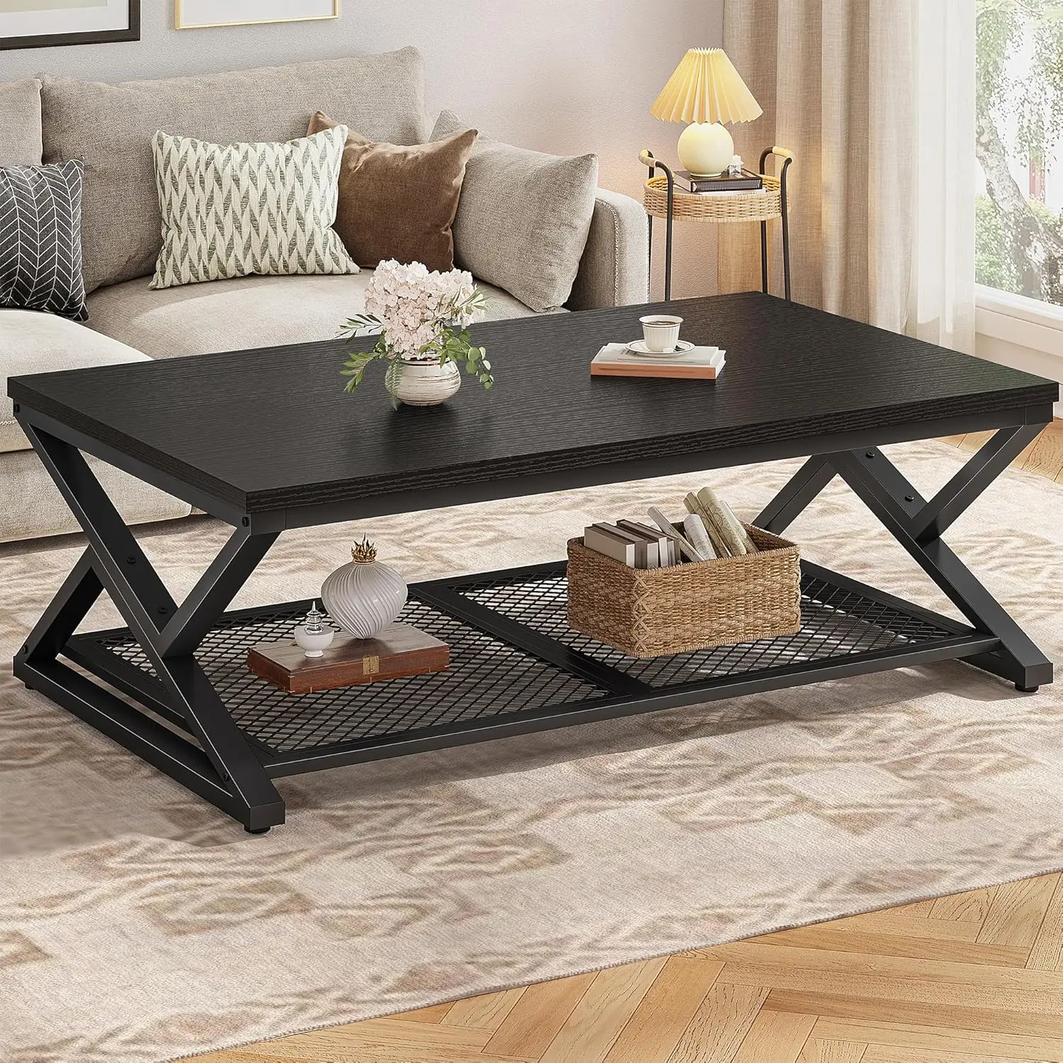 

2-Tier Rectangular Coffee Table with Storage Mesh Shelf Living Room Bedroom 47.2 Inch Black Oak, Customized