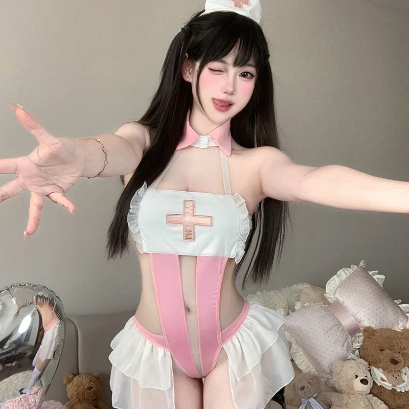 

Sexy Nurse Uniform Women's Sexy Cosplay Sweet Girl Cute Ruffles Open Crotch Bodysuit and Headband Set Role-playing Outfits