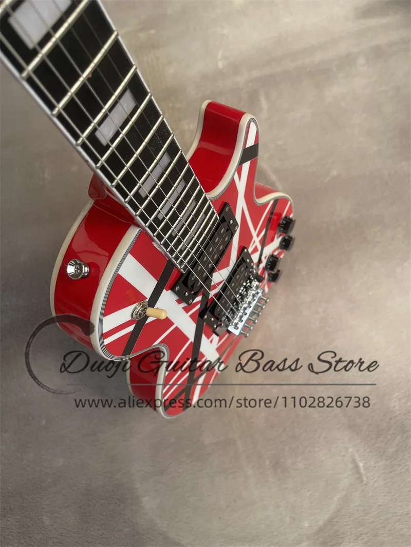 Classic Red Electric Guitar Neck Set In Body White Stripes Chrome Tremolo Bridge Cream Binding HH Pickups chrome Tuners