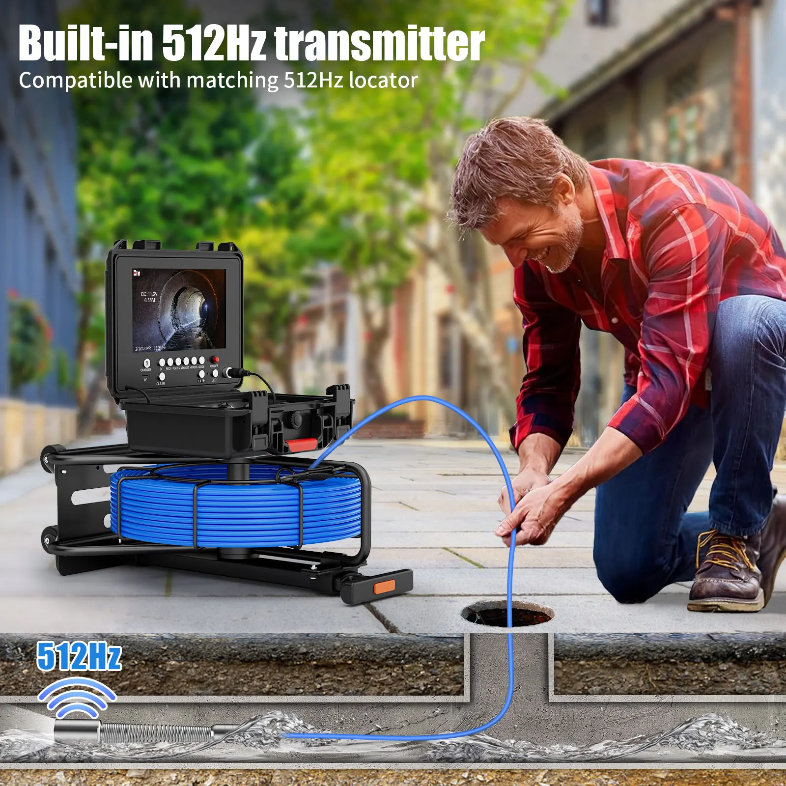 Portable Trolley Pull Rod 9" Pipe Inspection Camera 512HZ Self-leveling With Locator Meter Counter Sewer Industrial Endoscope