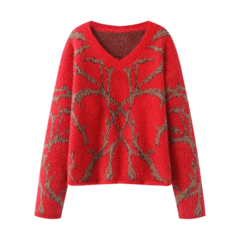 Maglione lavorato a maglia V-Ne in lana Mouton rossa Vestibilità ampia da donna Faion Casual Top invernale Brandymelody Maglieria lunga Sve