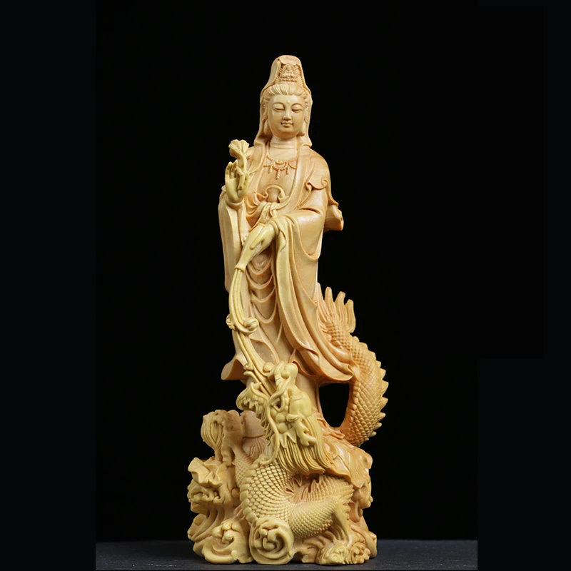 Boxwood 16cm Guanyin Sculpture Wood Carving Buddha Statue Worship Guan Yin with Dragon Home Decor