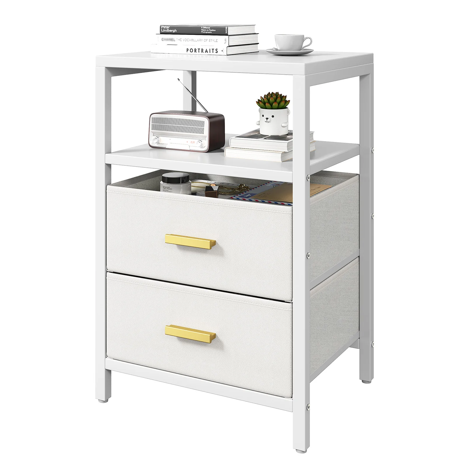 

Couch Side Table Bedside End Table Particle Board Modern Nightstand with 2 Fabric Drawers for Bedroom Living Room White