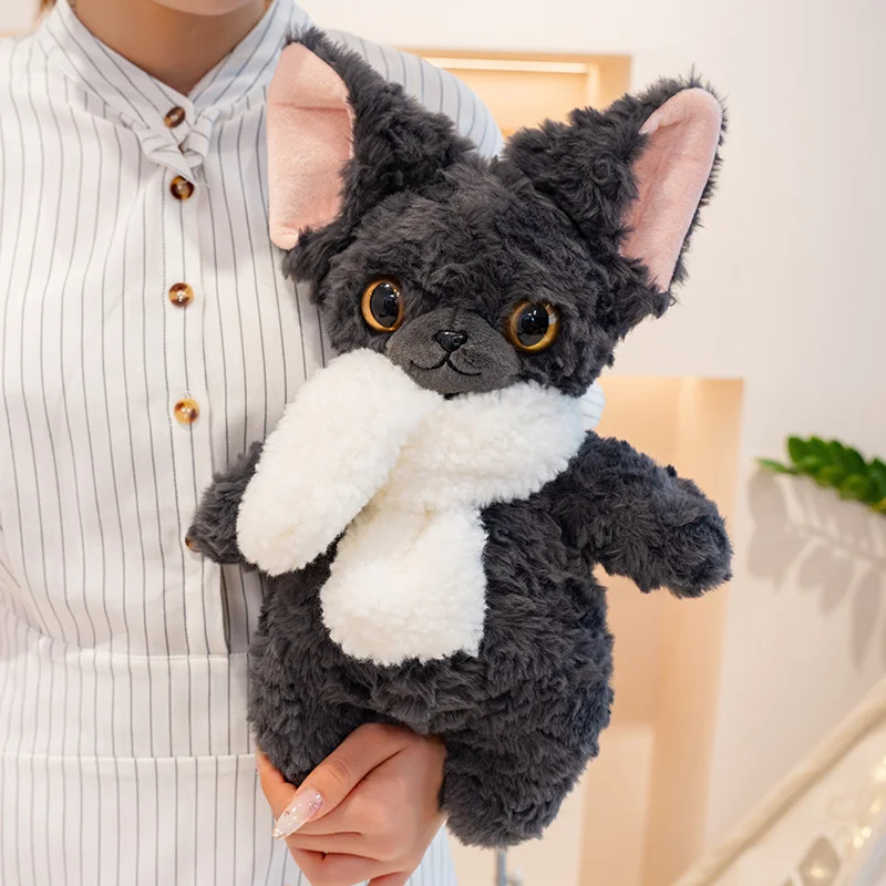 Peluches Devon Rex de dibujos animados de 35cm, bufanda, juguete suave, Animal relleno, gato negro, perro Kawaii, almohada de felpa para dormir, regalo para niña