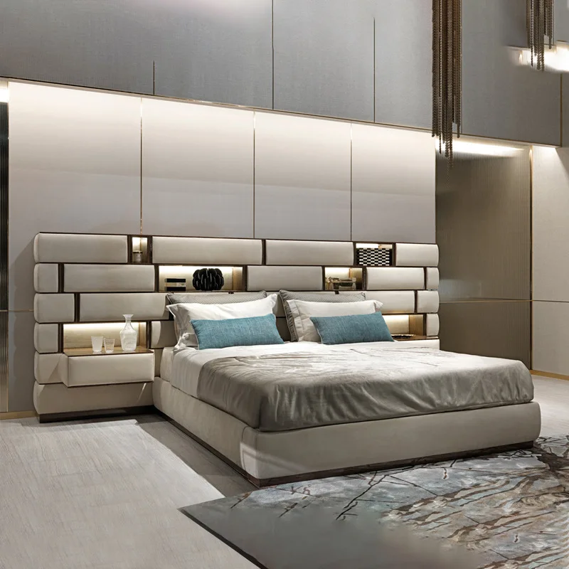 Italian designer widescreen bed light luxury modern double bed luxury villa large flat matte leather master bed