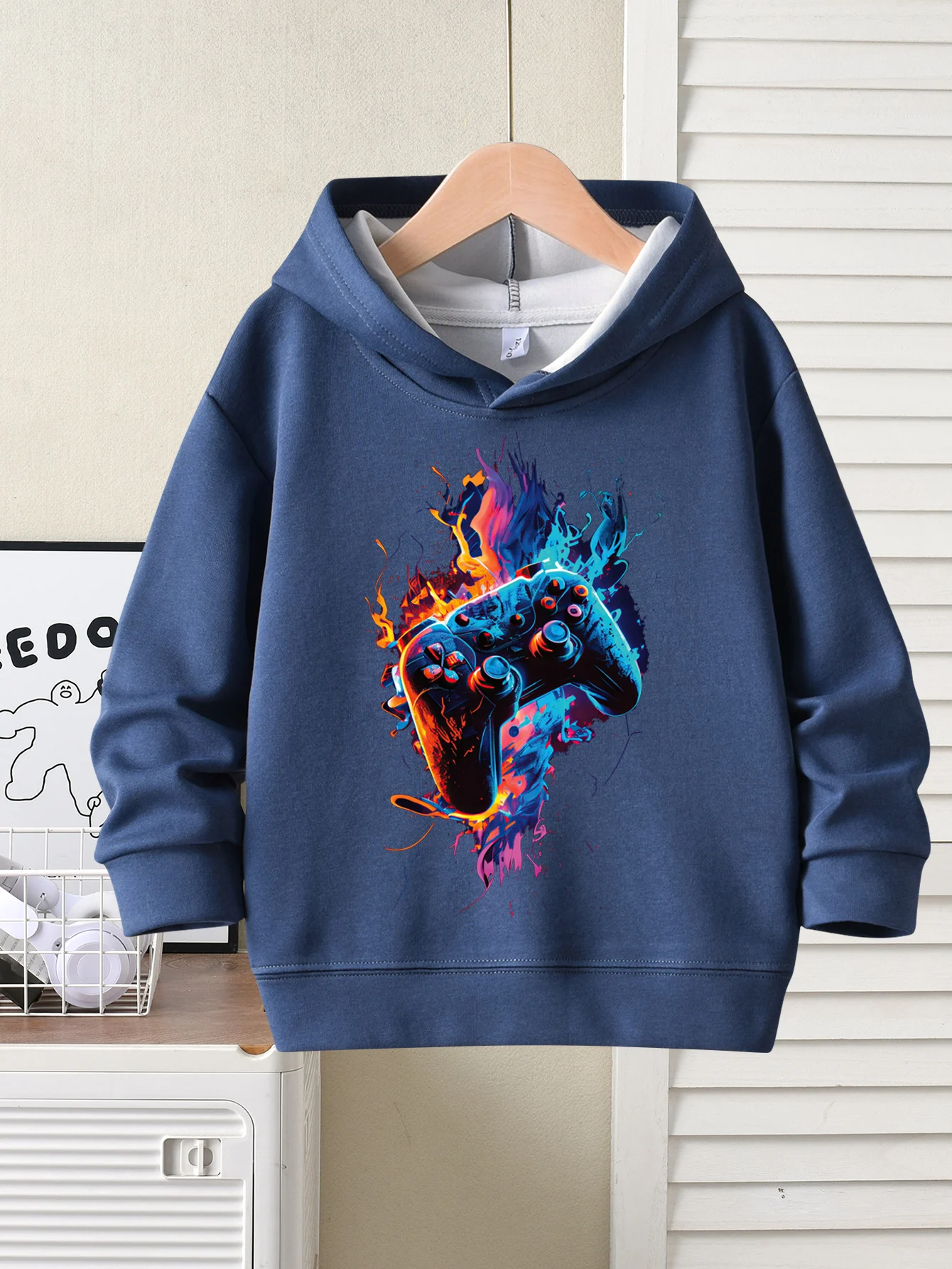 سويت شيرت بغطاء للرأس عصري للتحكم في الألعاب، قماش ناعم وصديق للبشرة لفصل الربيع والخريف، بلوفر كاجوال للأولاد بقلنسوة #3