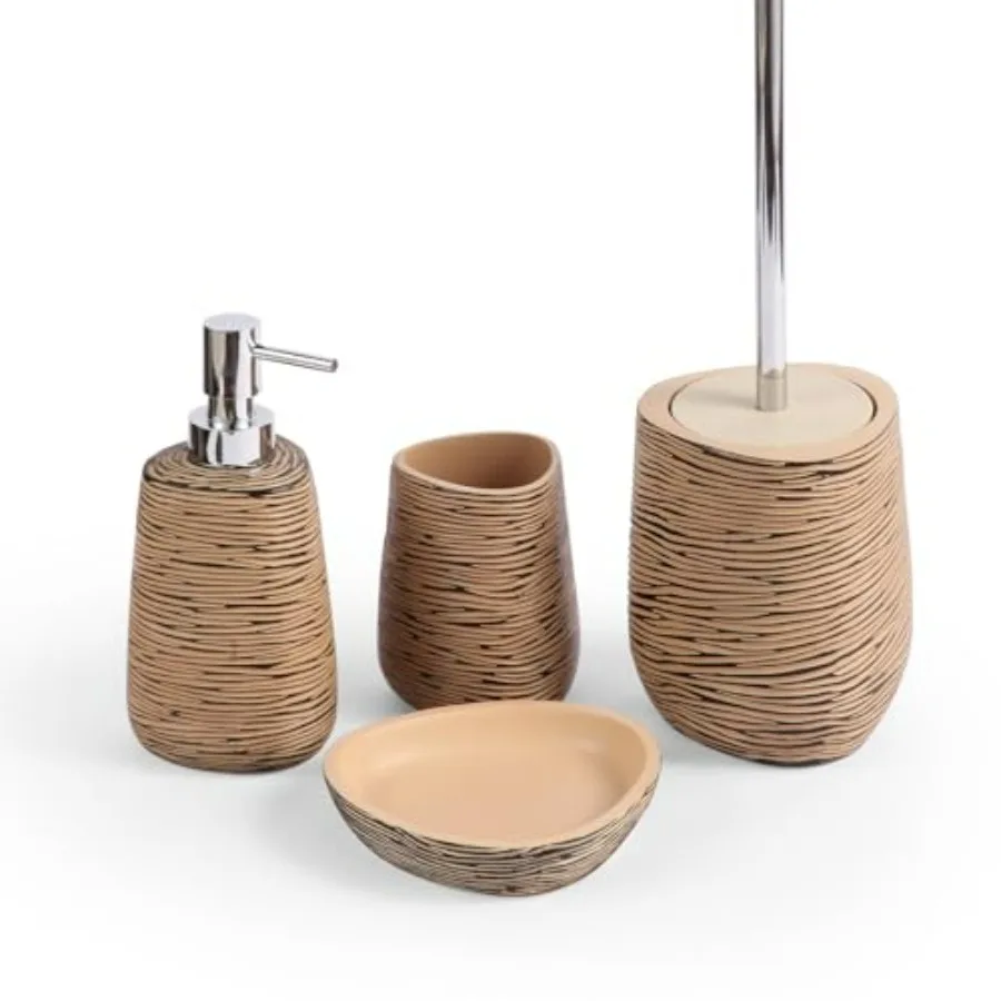 

Modern Bathroom Accessory Set 4 Pcs Light Brown Soap Dish Lotion Dispenser Toothbrush Cup Toilet Brush Holder for Contemporary