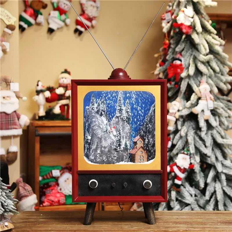 Manually Musical Retro TV Antennas Receiver Xmas Scene Snowing Interior Decoration Glitter Lantern