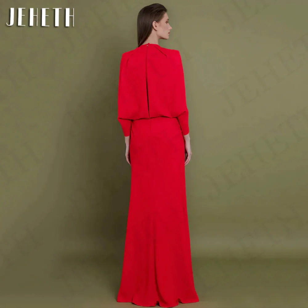 JEHETH Elegant Dubai Mermaid Evening Dresses Red Simple O-Neck Cape Sleeves Formal Prom Dress Stretchy Soft Satin فساتين سهرات