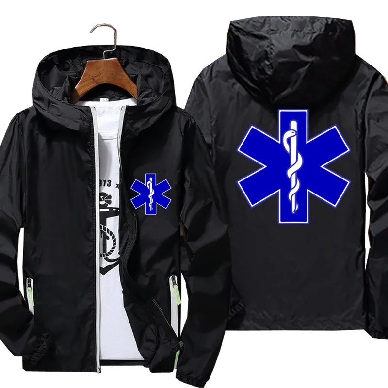 

Casual Men's Windbreaker Thin Reflective Sunscreen EMT Emergency Ambulance Hooded Coat Sports Pilot Cycling Jacket Plus Size