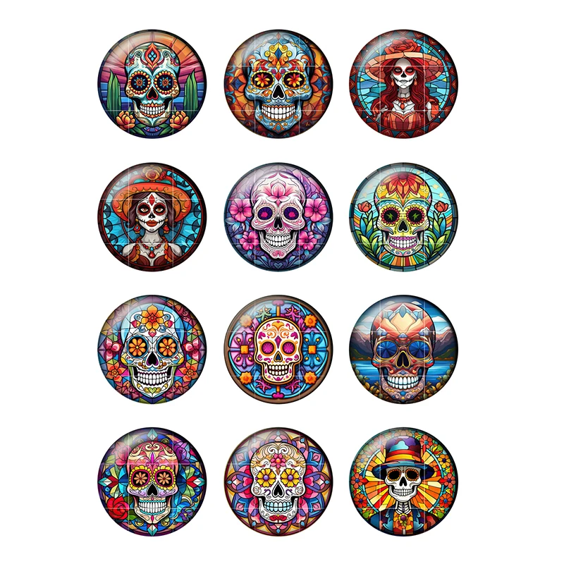 Colorful Skull Art Patterns DIY Day of The Dead Gift 8mm-25mm Round Photo Glass Cabochon Demo Flat Back Making Finding H349