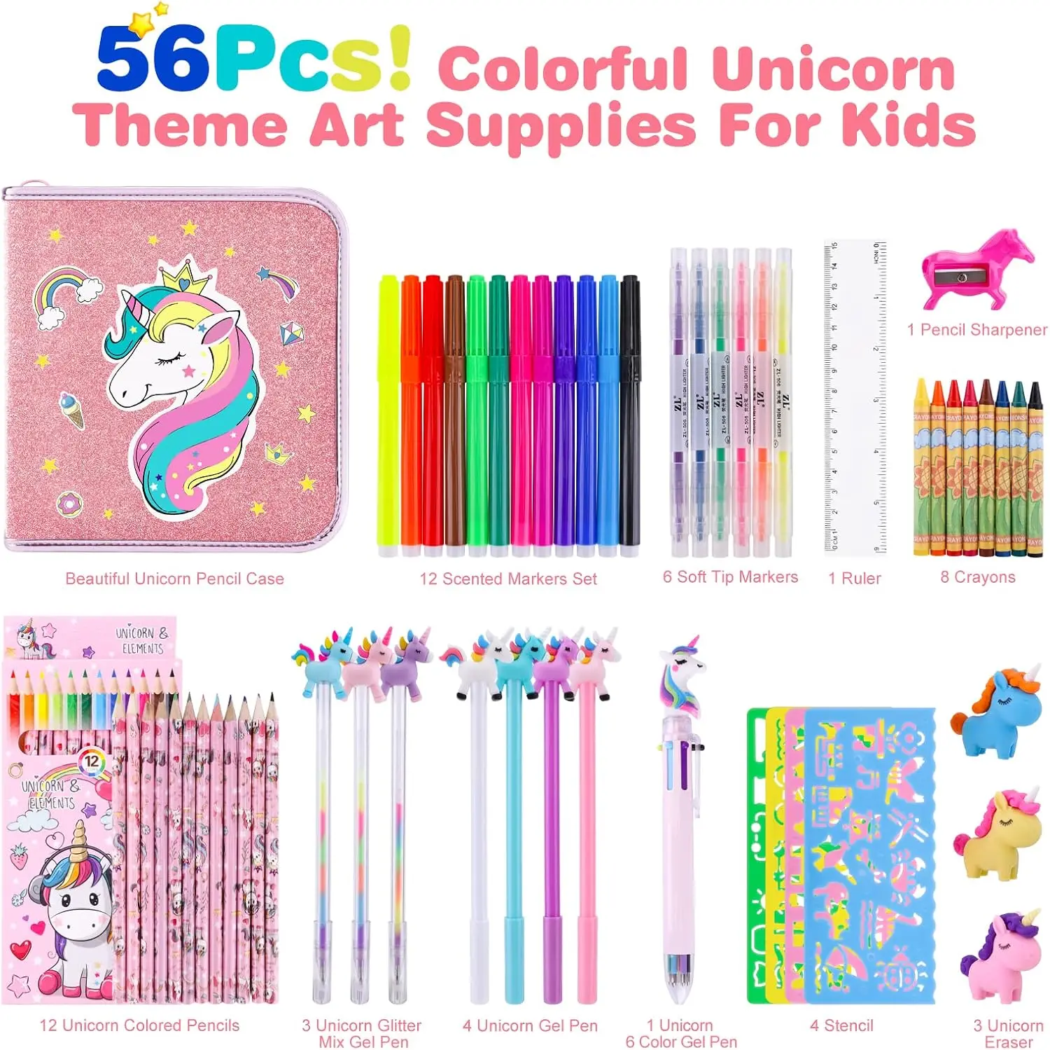 53/56PCS Coloring Drawing Kits for Kids with Unicorn Pencil Case Art Supplies for Kids Ages 3+ Painting Set with Pencil Markers