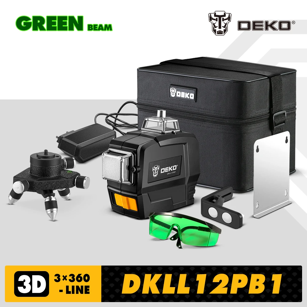 DEKO DKLL12PB1 3D Green Laser Level 12 Lines Horizontal Vertical Cross Lines Auto Self-Leveling Manual Mode