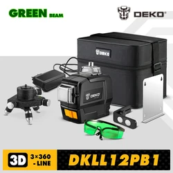 DEKO-3D Nível Laser Verde, Auto-Nivelamento, Modo Manual, Linhas Cruzes Horizontais e Verticais, 12 Linhas, DKLL12PB1