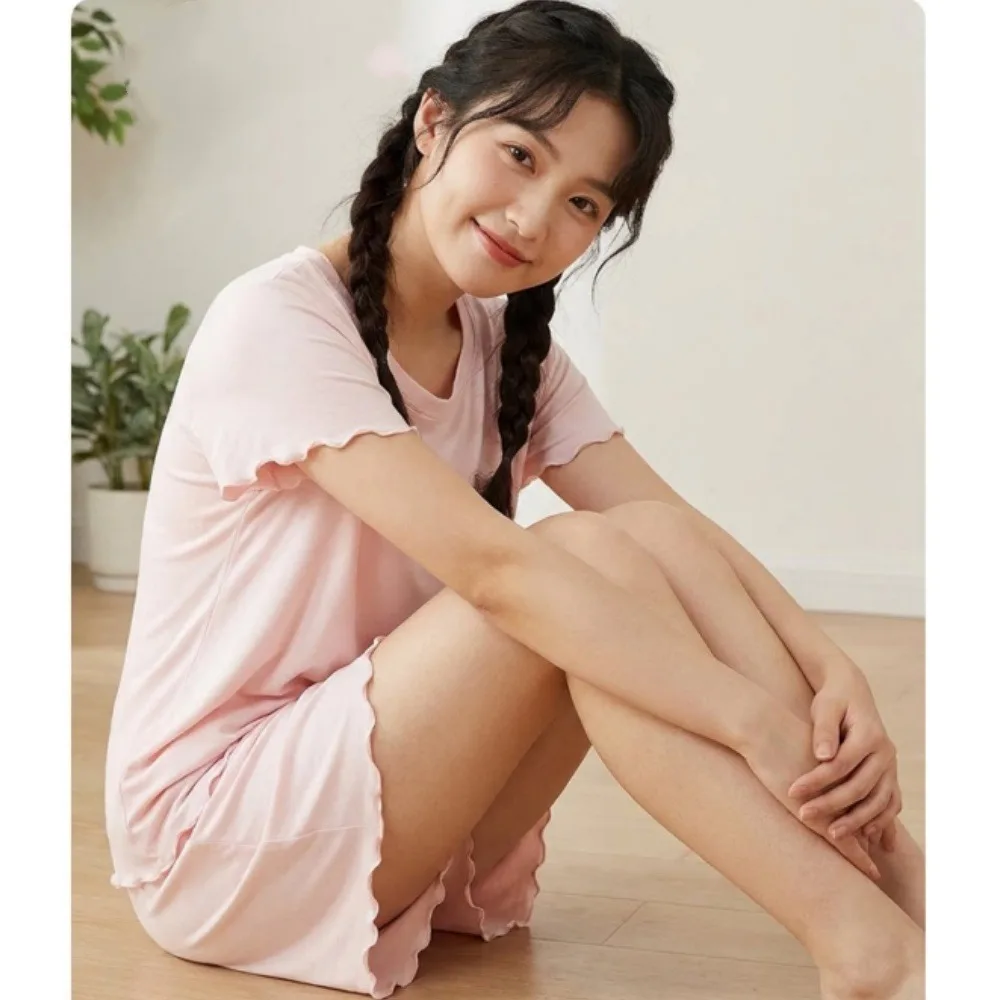 

Soft Short Sleeve Sleepwear Summer Pajamas for Woman Pyjamas Pure Color 2 Piece Set Night Wear for Ladies Chest Cup Home Suit
