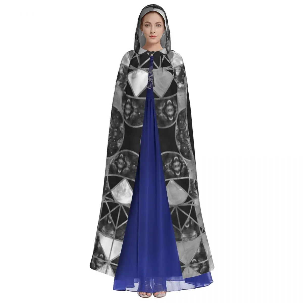 Tree Of Life Gray Scale Gemstone Long Hooded Cloak for Women Men Geometry Unique Cape Halloween