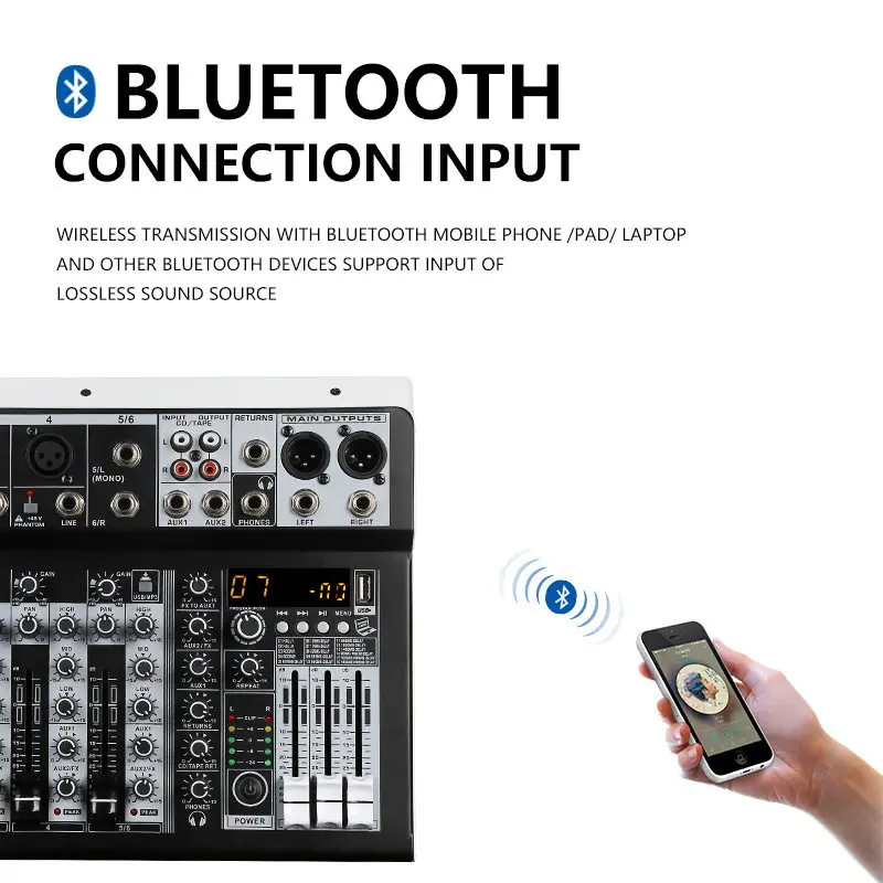 Small mixing console 12V DC for outdoor performances, professional home use, 16 types of digital reverb, Bluetooth USB recording