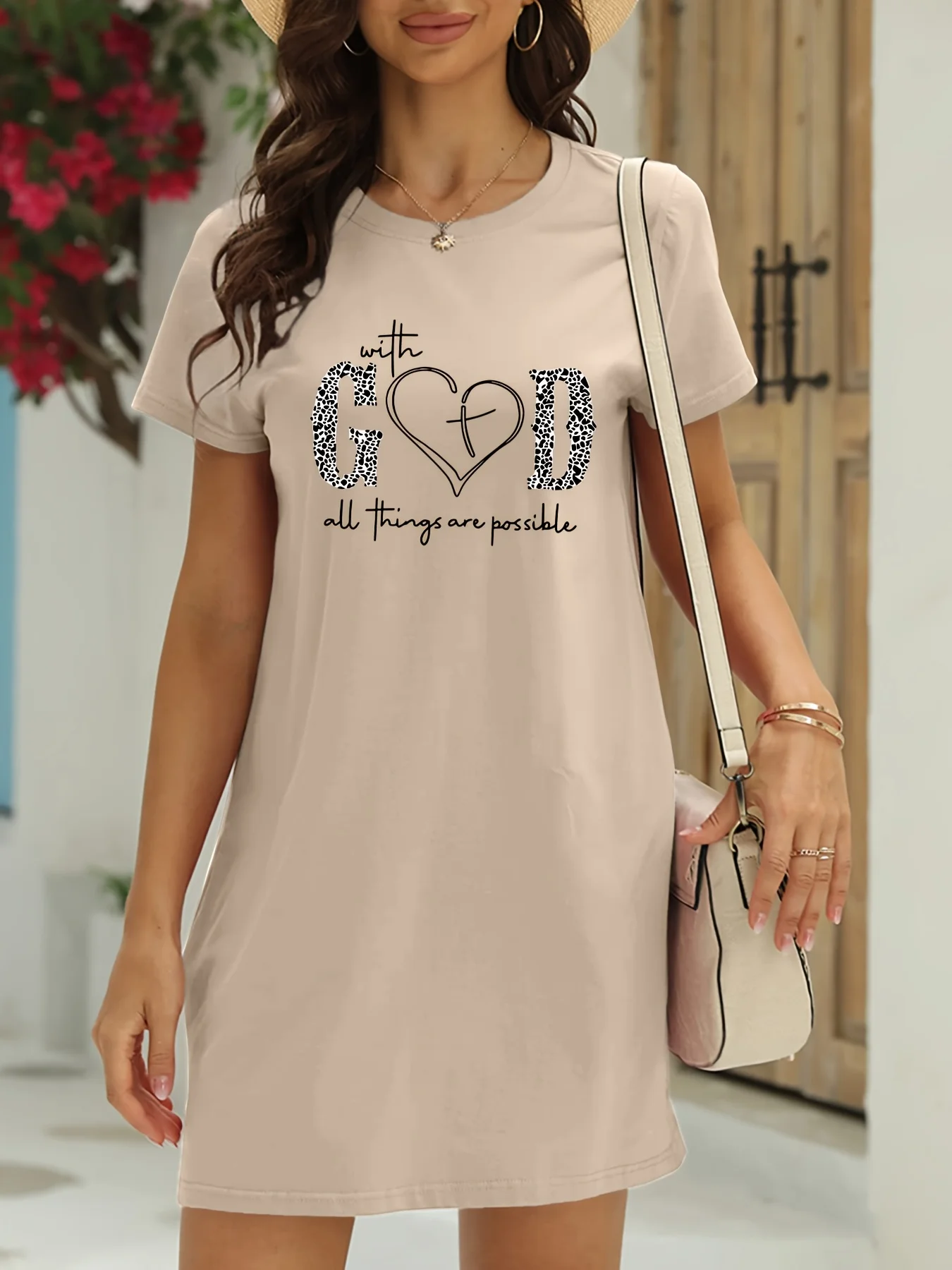 

Женское повседневное платье-футболка больших размеров с коротким рукавом и вдохновляющим GOD Loves Me Heart Cross Print Дышащее платье с круглым вырезом