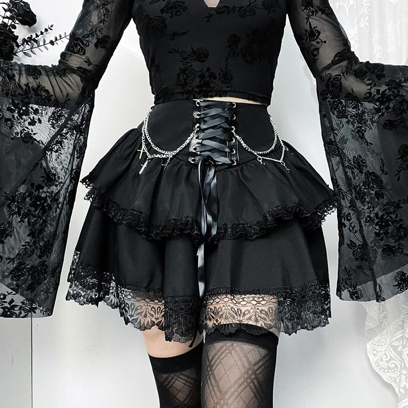 

Gothic Style Women's Skirt Slim Fit Halloween Party Trend Double Layer Cross Chain Half Skirt Sexy Style Polyester Fabric