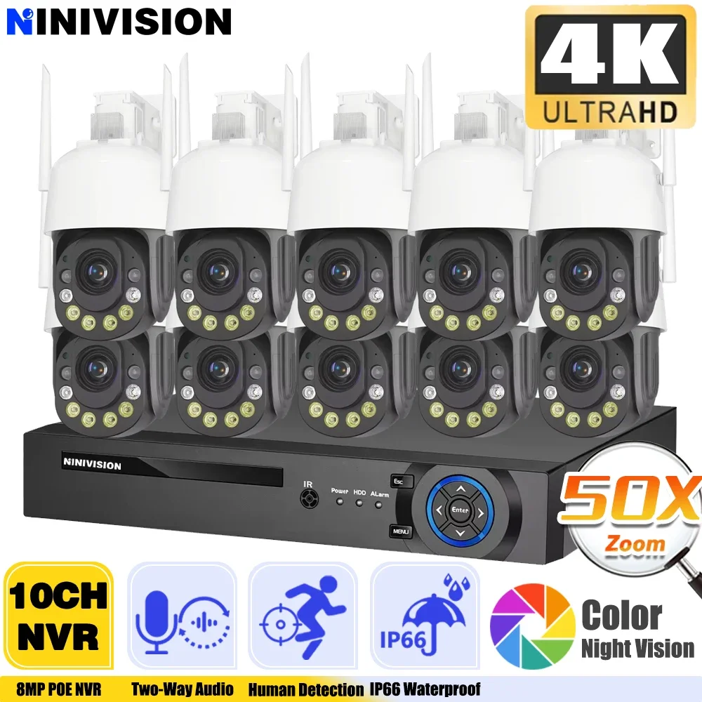 10CH 4K 8MP NVR 5MP WIFI Audio Surveillance Camera 50X Optical Zoom PTZ CCTV 200M Night Vision Security WiFi Camera iCsee System