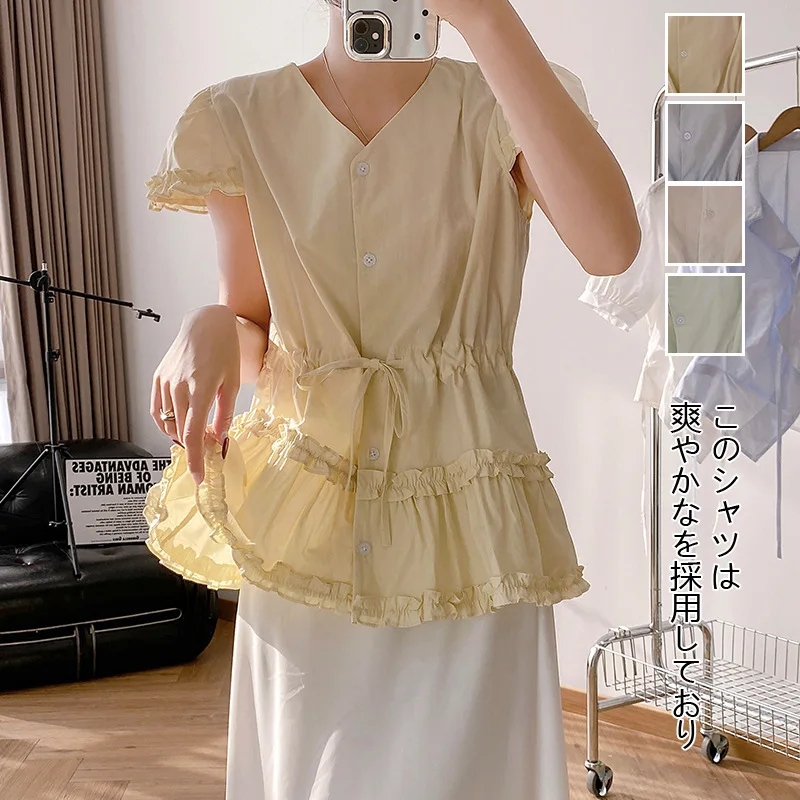 

Женская рубашка, летняя новая французская мода, однобортный повседневный топ с v-образным вырезом и рюшами, топ с короткими рукавами