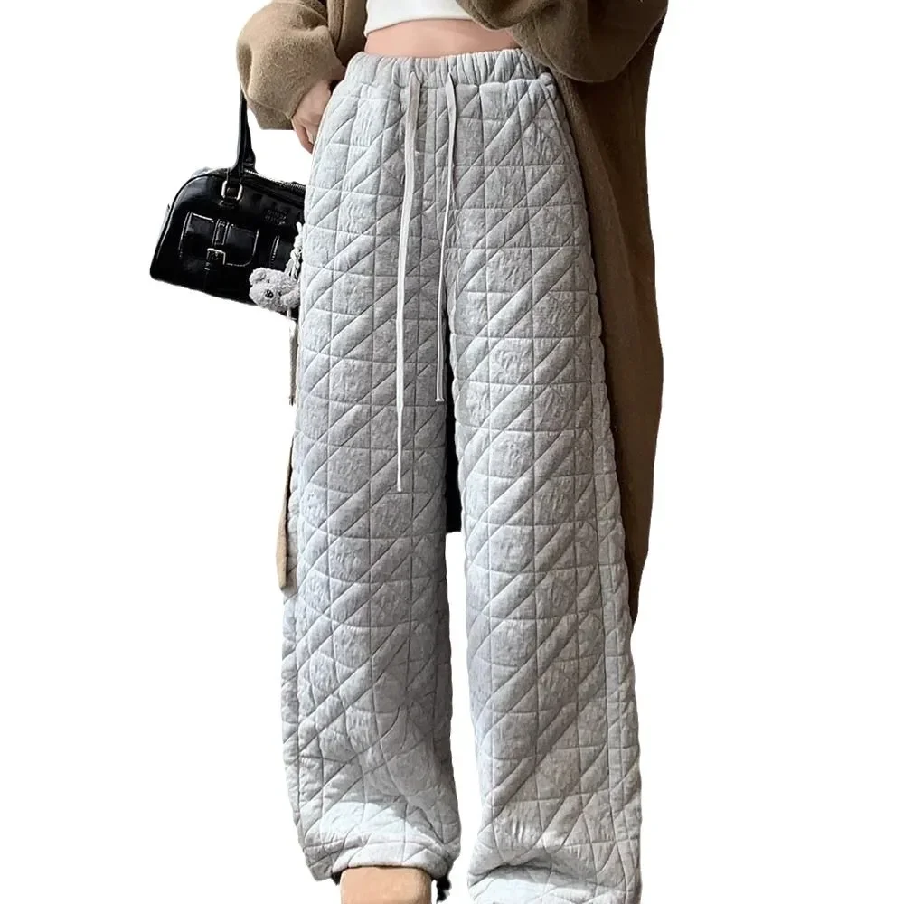 厚手の綿パンツ ハイウエスト ワイドレッグ カジュアル 冬 レジャー サーマル ダイヤモンド柄 レディース ロングパンツ