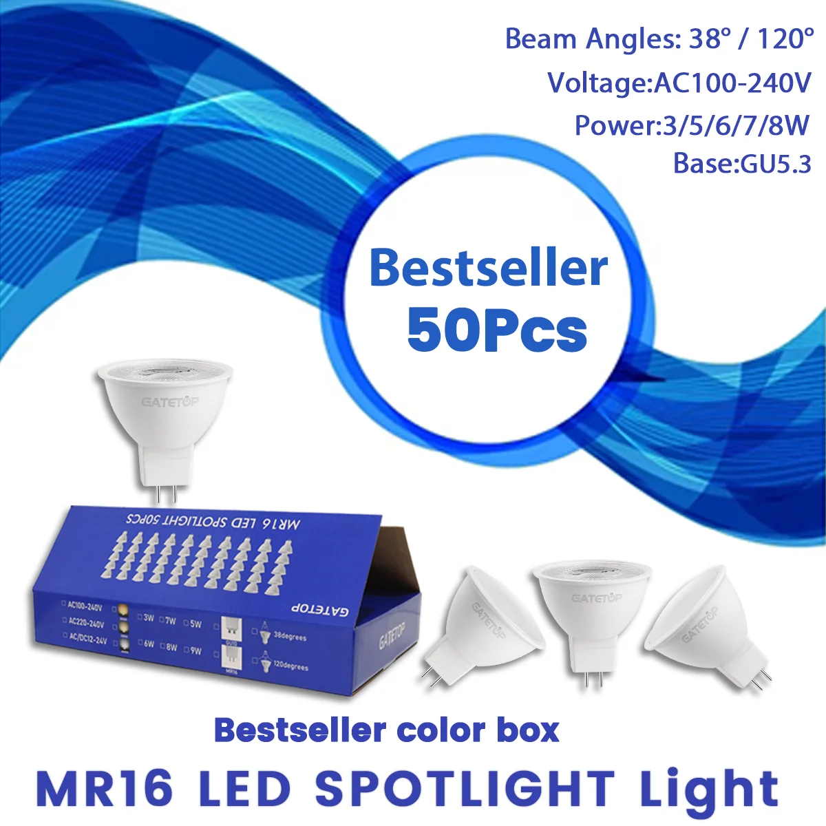 

50PCS Gatetop MR16 LED Light Bulbs AC100-240V GU5.3 Nature White 3000K Cold 6000K 3W 8W Halogen Equivalent 60W Lamp Home Bedroom