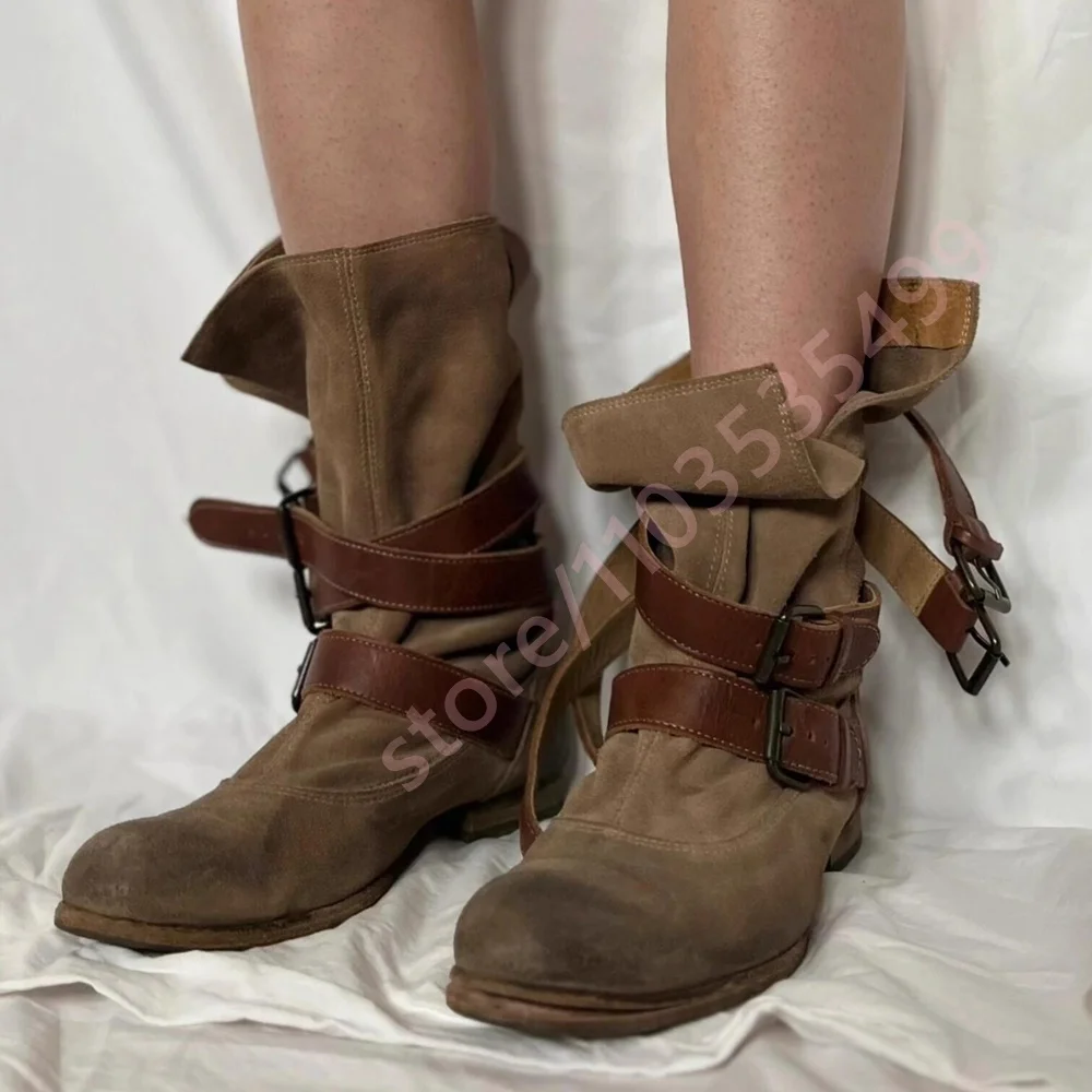 Women's Retro Brown Western Cowboy Boots Low Heel Wrapping Belt Buckle with Buckle Straps 2026 Distressed Mid-Calf Riding Boots