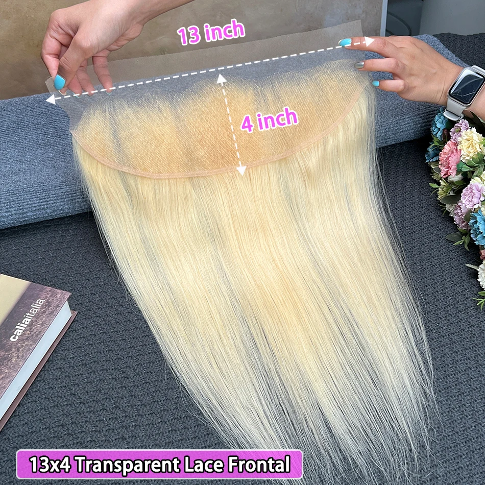 #613 Blonde Color 13x4 Transparent Lace Frontal Straight Human Hair Bleached Knots Preplucked Invisible Lace Closure Virgin Hair