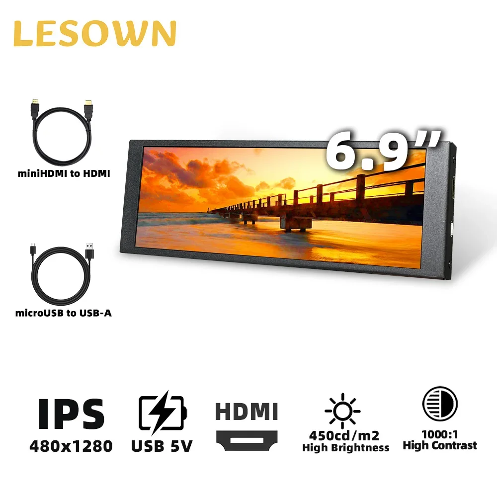 LESOWN Long Strip IPS Screen 6.9 inch mini Monitor HDMI 480x1280 FHD 1000:1 LCD Display with Support for PC Case Aida64 Laptop