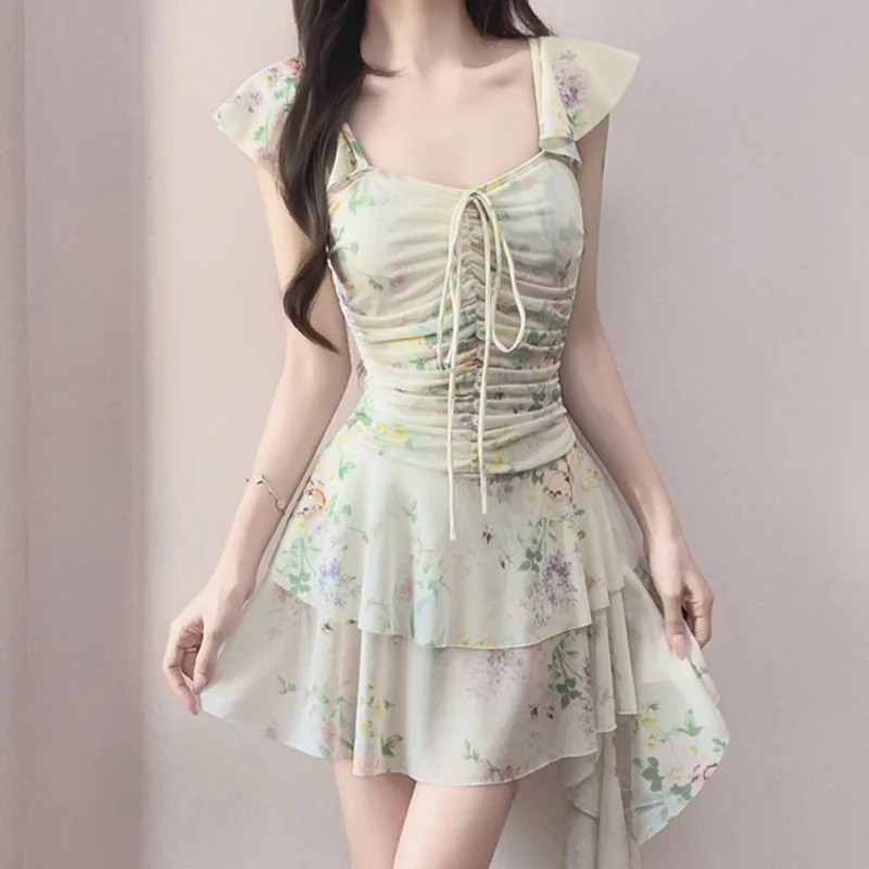 One Piece Swimsuit Swimming Suit for Women New Fashion Retro Japanese Style Backless Simple High-Waisted Beach Vacation Dress