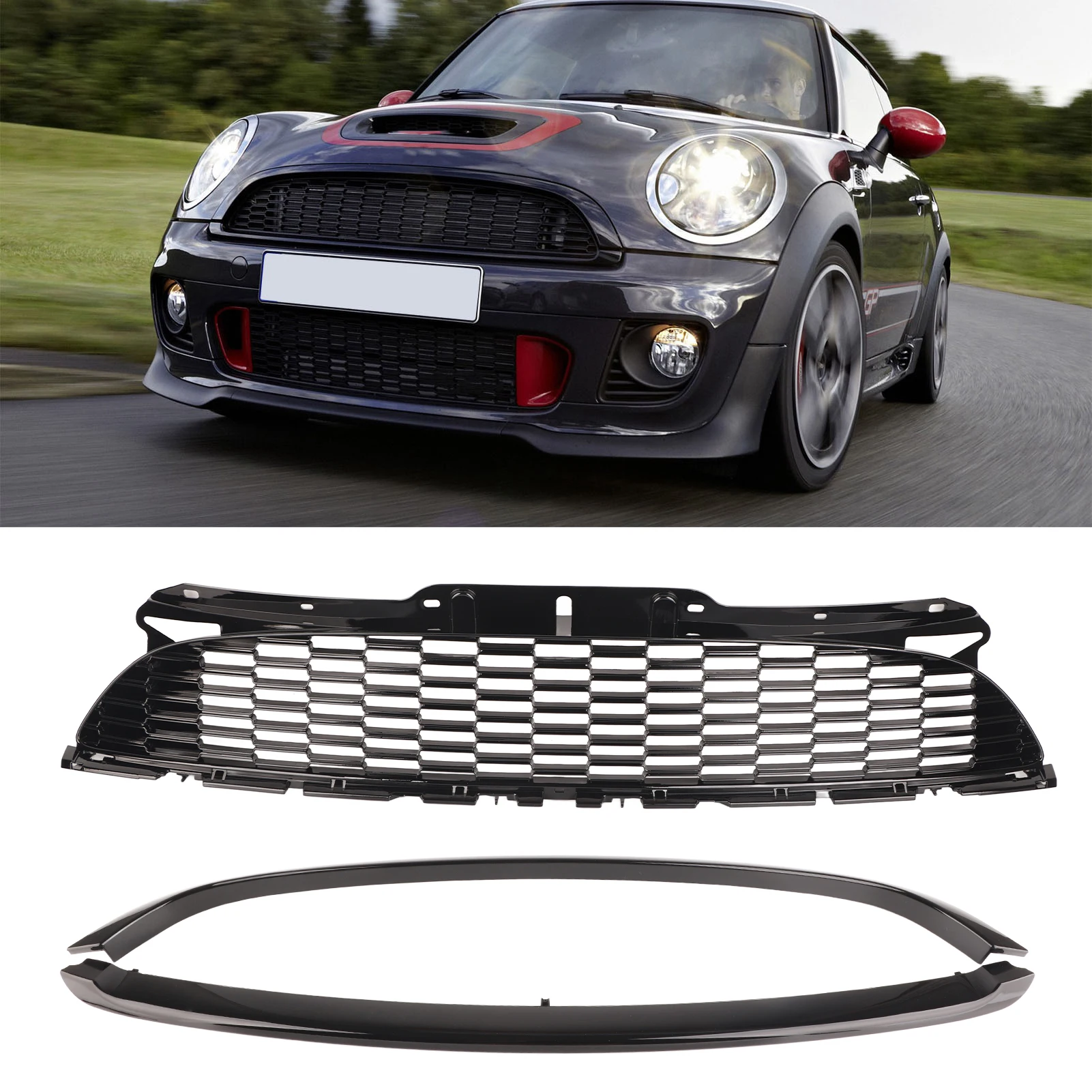 

Gloss Black Front Hood Molding Grille Surround Cover Trim Kits for R55 R56 R57 R58 R59 Standard Front Bumper Grille
