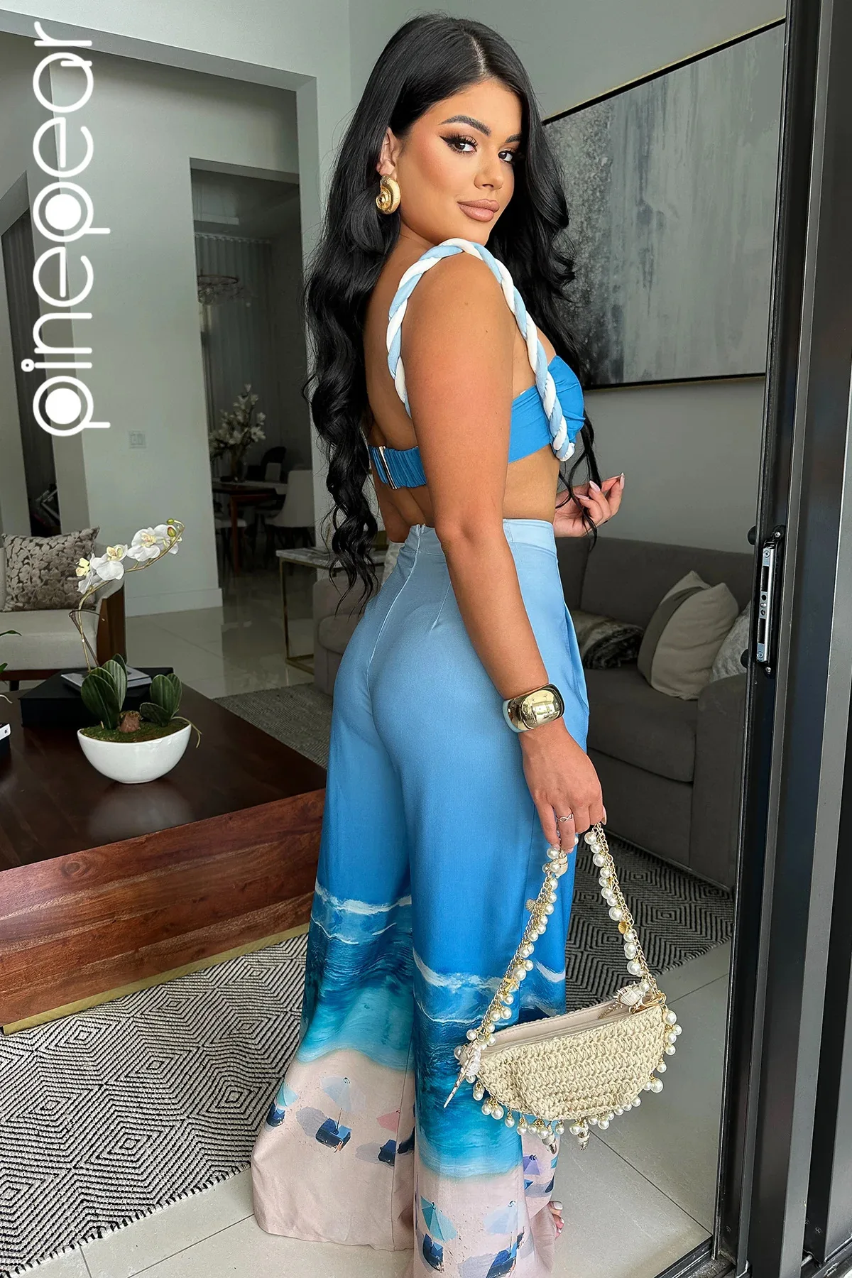 PinePear Fashion Blue Print Boho Beach Two-Piece Outfits Summer Bra Crop Top And Wide Legs Pants Sets Night Out Tracksuits 2024