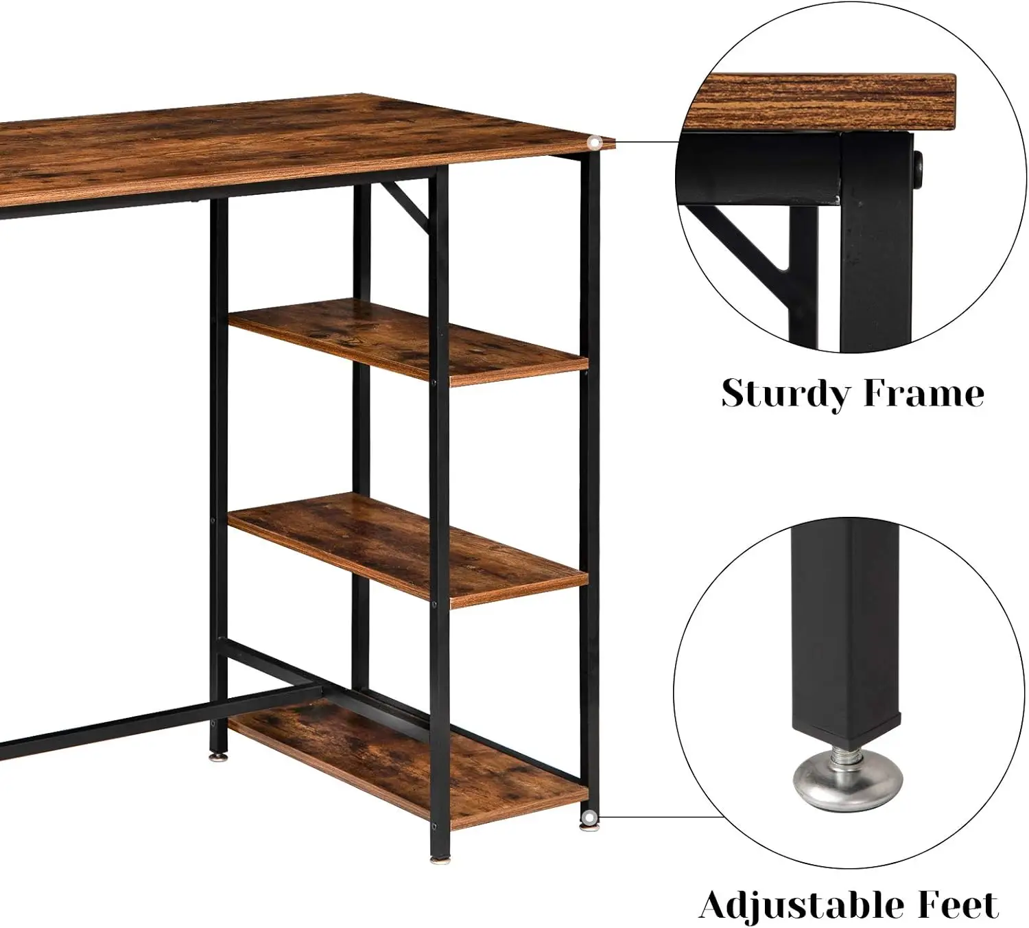 40”H Bar Table with 3 Storage Shelves, High Dining Table for Kitchen, Rustic Brown Counter Table, Industrial Standing Computer D