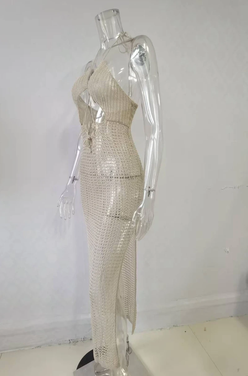 섹시한 홀터 비치 커버업, 사롱 수영복, 여름 비키니 커버업, 쉬어 크로셰 수영복, 니트 롱 원피스 클럽웨어