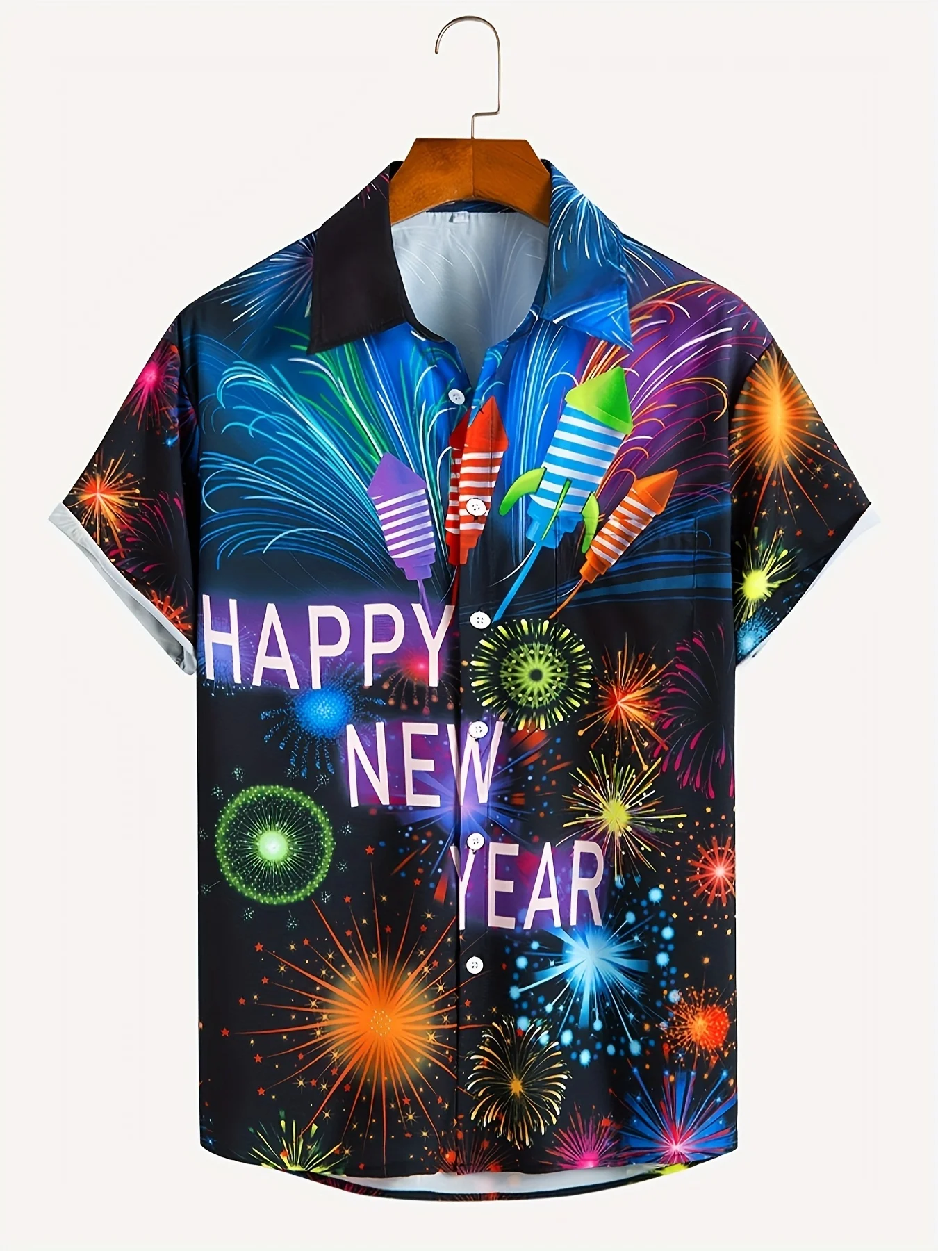 Summer men's large size "Happy New Year" and fireworks print shirts, Hawaiian oversized short sleeve shirts, men's clothing