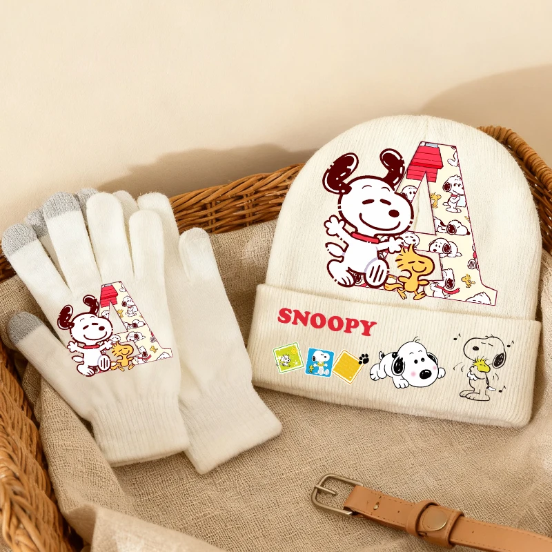 

Snoopys Knitted Hat Gloves 2pcs Set Children Winter Keep Warm Cute Beanie Hats Boys Girls Daily Screen Gloved Xmas Birthday Gift